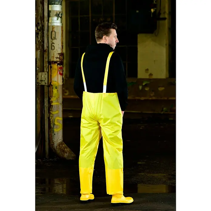 Regenlatzhose - M, 100% Polyester - Gelbe wasserdichte Hose mit Hosenträgern, ideal für Outdoor-Arbeiten bei nassem Wetter. Perfekt für Angler oder für Arbeiten im Freien.