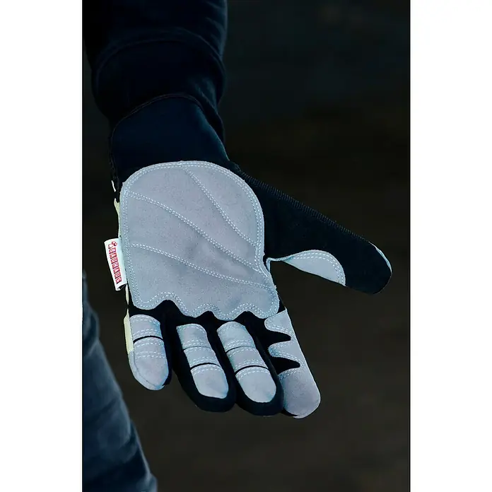Wisent Arbeitshandschuhe Wood Worker - Handschuhgröße: 10, Beige/Grau - Nahaufnahme eines Bauhaus-Arbeitshandschuhs in Grau und Schwarz, ideal für sicheres Arbeiten.