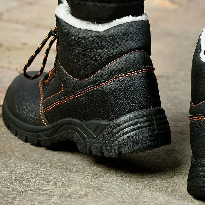 Power Safe Winterstiefel Olaf - Schuhgröße: 41 - Nahaufnahme eines schwarzen, gefütterten Arbeitsstiefels mit orangefarbenen Nähten und Schnürsenkeln auf einem grauen Untergrund.