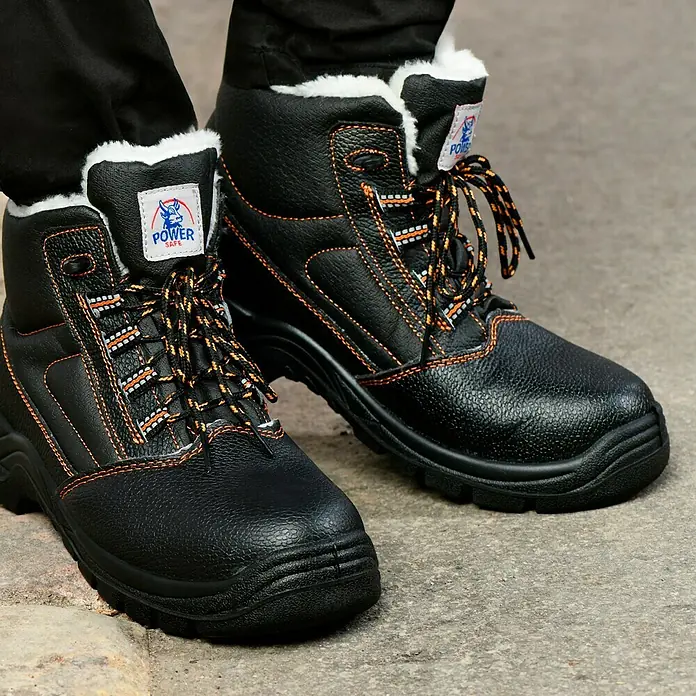 Power Safe Winterstiefel Olaf - Schuhgröße: 41 - Nahaufnahme von schwarzen "Power Safe"-Winterarbeitsstiefeln mit orangefarbenen Schnürsenkeln und weißem Kunstfellfutter.
