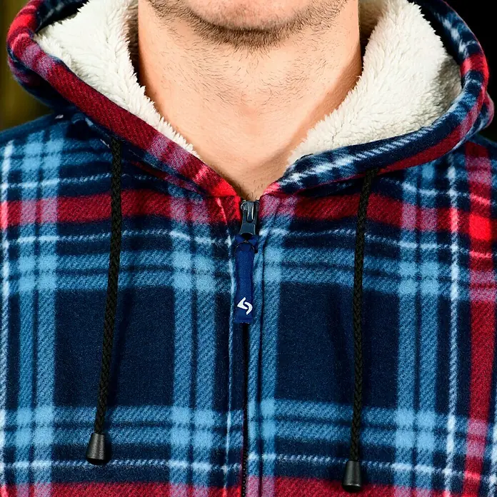 Scheibler Thermojacke - Rot/Blau, XXL - Karierter Kapuzenpullover mit Reißverschluss, gefüttert mit Sherpa-Futter. Perfekt für gemütliche Stunden.
