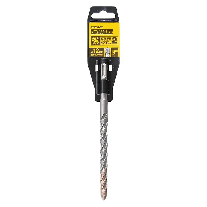 DeWalt Broca para hormigón y mampostería DT9553-QZ - 1 ud., Diámetro de la broca: 12 mm - Broca para martillo DeWALT DT9553-QZ Extreme 2 SDS-Plus, 12 x 150 x 200 mm, presentada en un embalaje de venta al por menor.