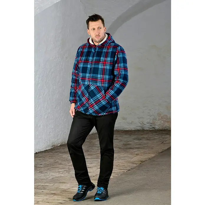 Uvex 2 Trend Sicherheitsstiefel S3 - 42, Schutzklasse nach EN ISO 20345: S3, Schwarz/Blau - Herren-Fleecejacke mit Kapuze, blau kariert mit roten Akzenten, ausgestattet mit Reißverschluss und Taschen, ideal für kühlere Tage.