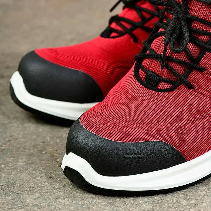 Steitz Secura Sicherheitshalbschuh CP 4360 SF - Schuhgröße: 39, S3 - Nahaufnahme von roten Sicherheits-Sneakers mit schwarzen Schnürsenkeln und weißen Sohlen, ideal für den Arbeitsschutz.