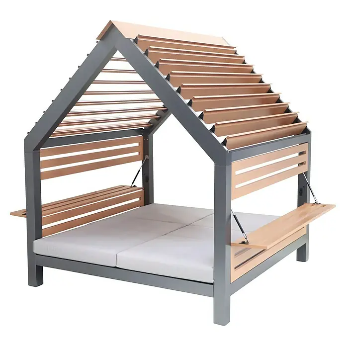 Lounge-Insel Deluxe - L x B x H: 215,5 x 201 x 238 cm, Night-Grey, Verstellbare Rückenlehne - Dieses Bild zeigt ein modernes Outdoor-Bett mit einem Dach aus Holzlatten und seitlichen Ablagen, ideal für entspannte Stunden im Freien.