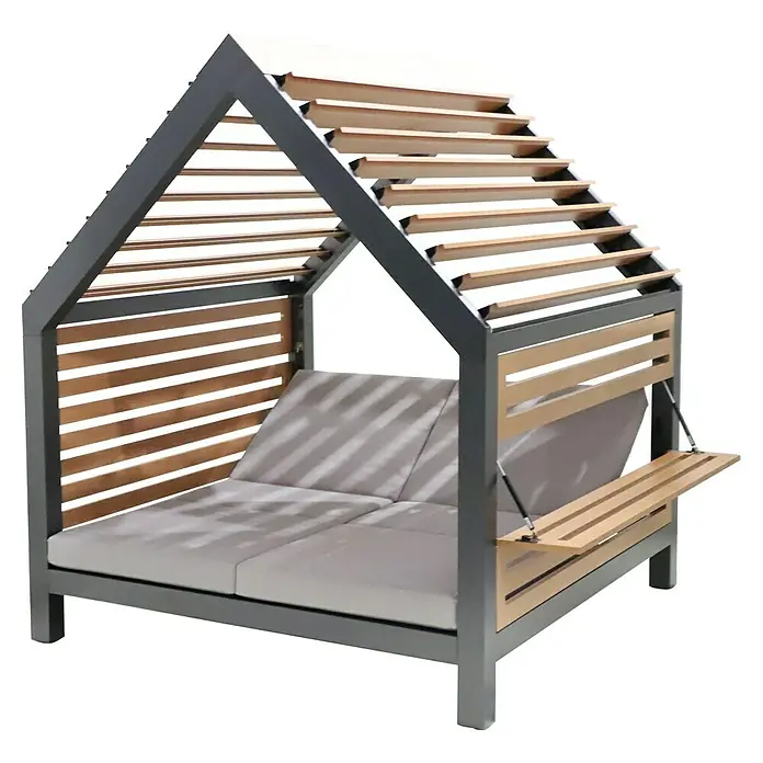 Lounge-Insel Deluxe - L x B x H: 215,5 x 201 x 238 cm, Night-Grey, Verstellbare Rückenlehne - Entspannen Sie stilvoll auf diesem Daybed mit Lamellendach und integriertem Seitentisch, perfekt für sonnige Tage im Freien.