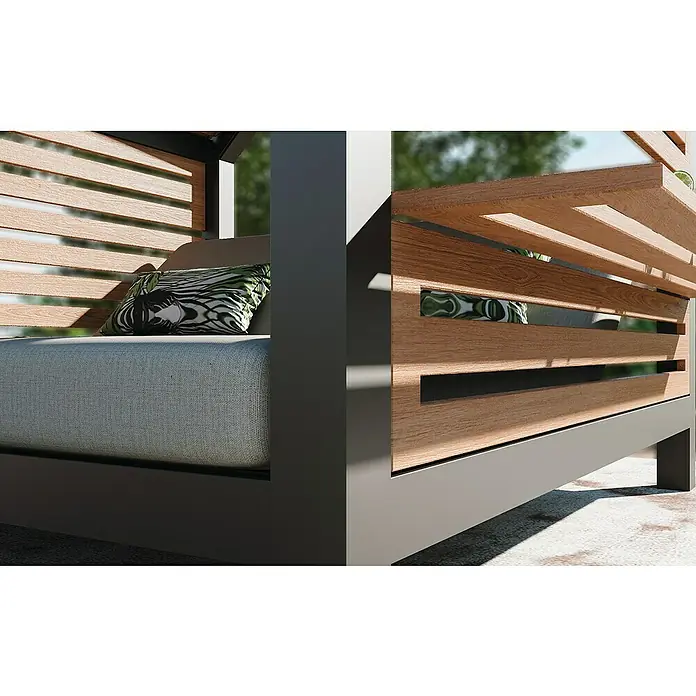 Lounge-Insel Deluxe - L x B x H: 215,5 x 201 x 238 cm, Night-Grey, Verstellbare Rückenlehne - Nahaufnahme einer stilvollen Outdoor-Lounge mit Holzlatten und bequemen Kissen, die zum Entspannen im Freien einlädt.