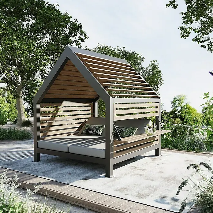 Lounge-Insel Deluxe - L x B x H: 215,5 x 201 x 238 cm, Night-Grey, Verstellbare Rückenlehne - Moderne Gartenlounge mit Dach und seitlichem Tisch. Das Loungemöbel bietet Platz zum Entspannen im Freien mit Stil und Komfort.
