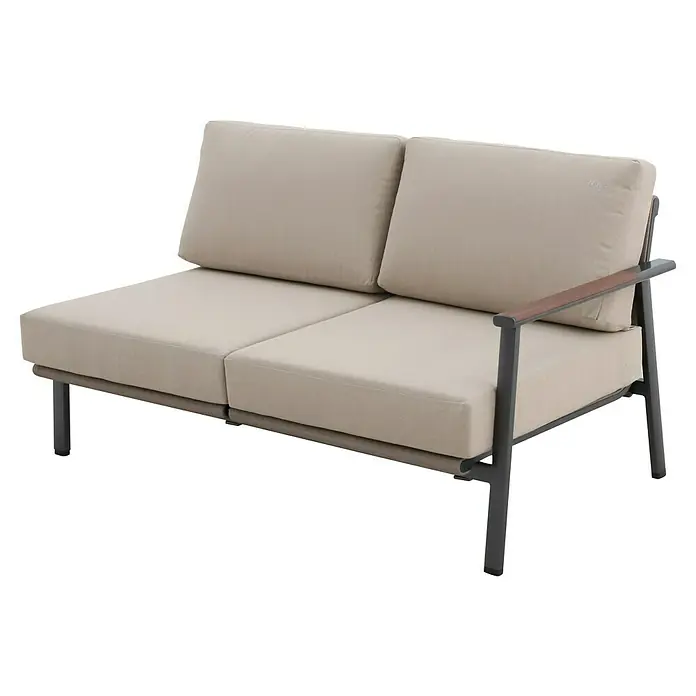 MWH Loungemöbel-Set - 3 -tlg., Aluminium, Grau/Mahagoni - Ein elegantes, beiges Zweisitzer-Sofa mit einem robusten, dunklen Metallrahmen und bequemen Sitz- und Rückenkissen. Ideal für Wohnzimmer oder Terrasse.
