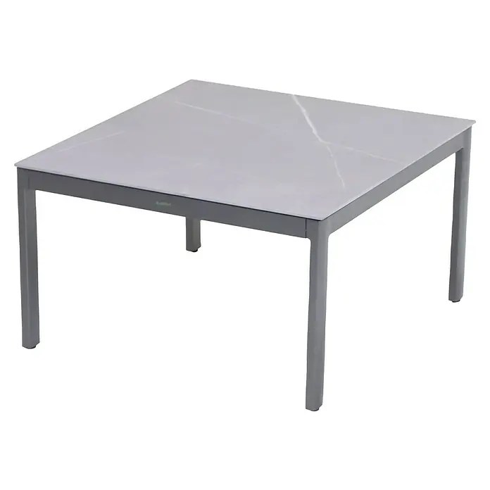 MWH Loungemöbel-Set - 3 -tlg., Aluminium, Grau/Mahagoni - Hier ist ein viereckiger Esstisch mit einer Tischplatte mit Marmormuster und einem grauen Metallrahmen.