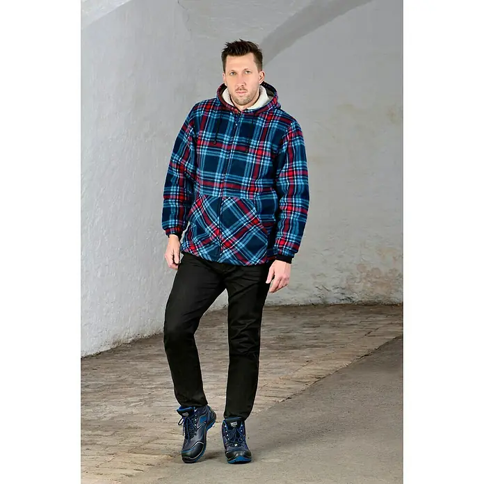 Safety Jogger Sicherheitsstiefel Flow S1P MID - 44, Schutzklasse nach EN ISO 20345: S1P, Schwarz, Blau - Herren Fleecejacke mit durchgehendem Reißverschluss, Kapuze mit Sherpafutter, zwei Taschen und blau-rotem Karomuster.