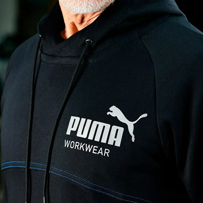 Puma Workwear Kapuzenpullover Champ - Carbon, Größe: XXL - Schwarzer Puma Workwear Hoodie mit Kapuze und weißem Logo für den stilvollen Arbeiter.