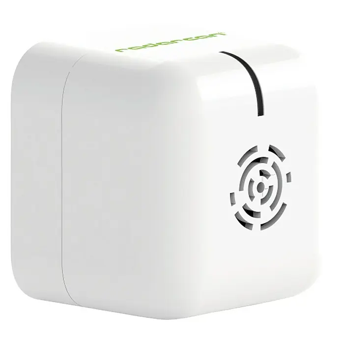 Antimosquitos portátil R-107 - Blanco, Ultrasonido - Forma de cubo de detector de radón blanco con aberturas de ventilación y una ranura en la parte superior.