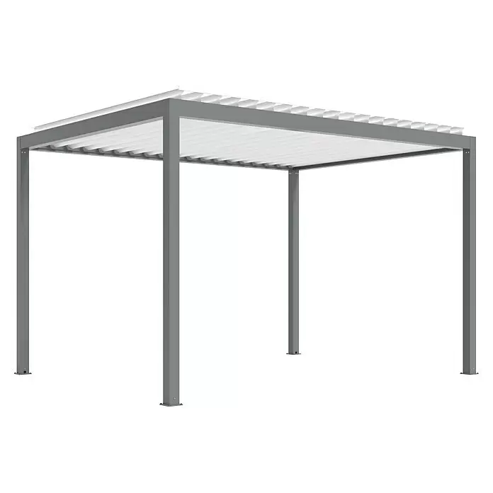 Wismar-NFI Pergola Easy Up - Grau-Weiß, 350 x 359,6 x 257 cm, Aluminium - Graue Metallpergola mit weißem Lamellendach, für den Außenbereich konzipiert.