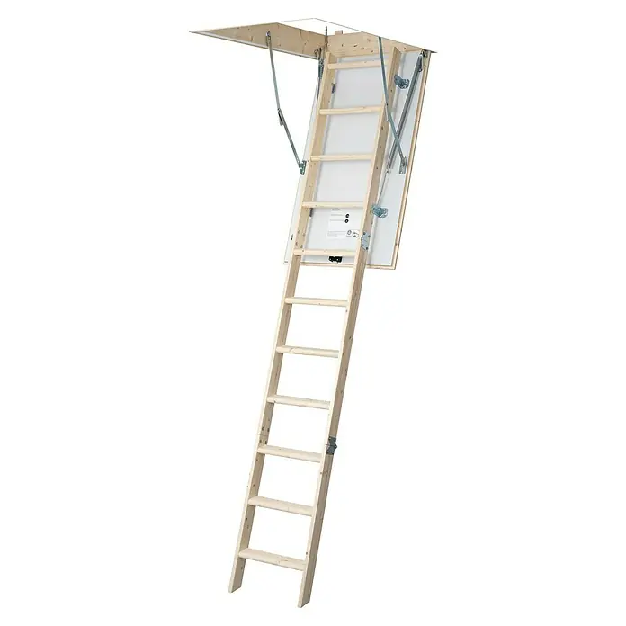 Dolle Bodentreppe Pur - 130 x 60 cm, Wärmedämmung: 1,6 W/(m²K) - Eine ausklappbare Dachbodentreppe aus Holz mit einer weißen Klappe und Metallelementen für den sicheren Aufstieg zum Dachboden.