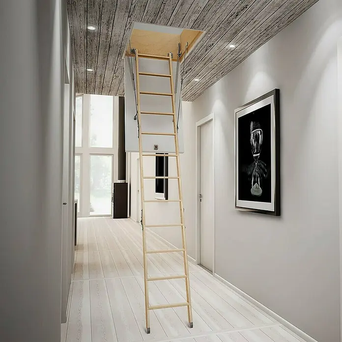 Dolle Bodentreppe Easy Loft - 120 x 70 cm, Wärmedämmung: 1.099 W/(m²K) - Attraktives Dachbodenzimmer mit Holztreppe. Die Bodentreppe ist leicht und bietet bequemen Zugang zum Dachboden. Helle, moderne Gestaltung.