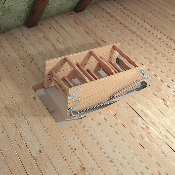 Dolle Bodentreppe Mini - 95 x 70 cm, Wärmedämmung: 0,64 W/(m²K) - Ein Holzboden mit einer ausklappbaren Dachbodentreppe, die teilweise aus dem Boden ragt und sich aufklappen lässt.