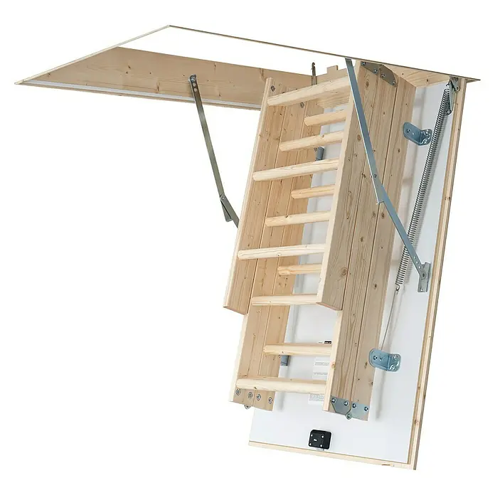 Dolle Bodentreppe Pur - 130 x 60 cm, Wärmedämmung: 1,6 W/(m²K) - Ausgeklappte Dachbodentreppe aus Holz mit Metallelementen und weißer Klappe.