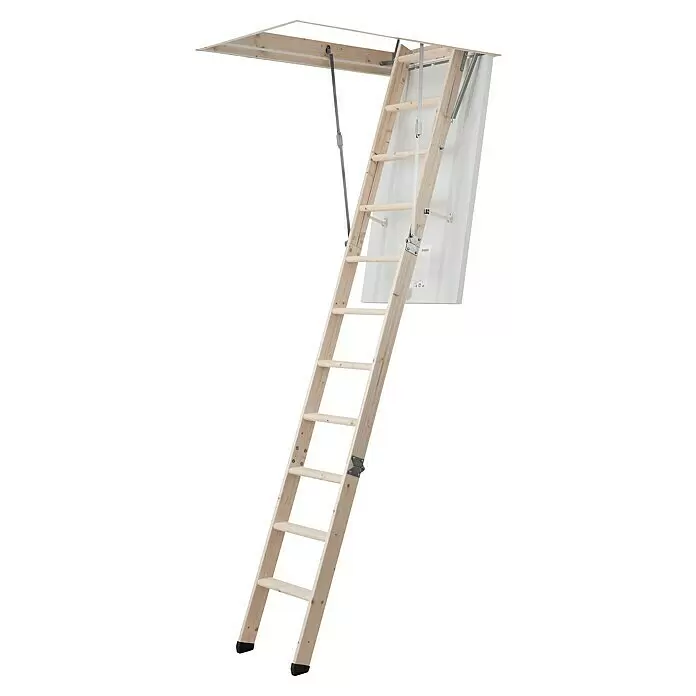 Dolle Bodentreppe Easy Loft - 120 x 70 cm, Wärmedämmung: 1.099 W/(m²K) - Helle Holz-Dachbodenleiter mit Metallscharnieren und schwarzen Füßen, ausgefahren.