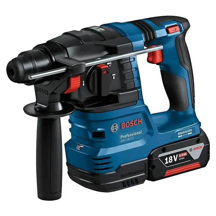 Bosch Professional AMPShare 18V Martillo perforador de batería GBH 18V-22 - 18 V, 2 baterías, 4 Ah, 1,9 J - Martillo perforador a batería Bosch GBH 18V-22 Professional con diseño azul y negro, incluye batería, ideal para profesionales.