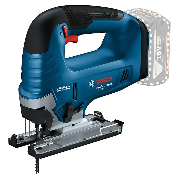 Bosch Professional AMPShare 18V Akku-Pendelhubstichsäge GST 18V-125 B - 18 V, Ohne Akku, Leerlaufhubzahl: 0 /min - 3.500 /min - Akkubetriebene Bosch GST 185-LI Stichsäge mit bürstenlosem Motor und blau-schwarzem Design, ideal für professionelle Anwendungen.
