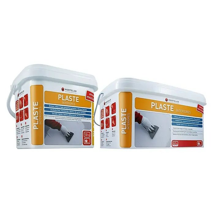 Gecol Masilla Plaste interiores Mortelan - 1,5 kg - Dos cubos de masilla para interiores Mortelan Plaste en diferentes tamaños. Alisa y cubre grietas. Para un acabado blanco de alta calidad.