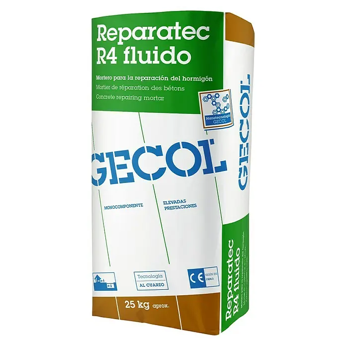 Gecol Mortero de reparación Reparatec R4 - Espesor: 1 mm - 50 mm, 25 kg - Imagen de un saco de mortero de reparación de hormigón Reparatec R4 fluido, apto para la reparación de superficies de hormigón.