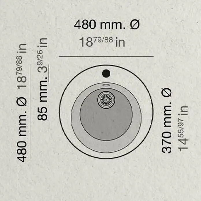Poalgi Fregadero encastrable Zafiro - 48 x 48 cm, Material compuesto, Negro - Un dibujo esquemático de un fregadero redondo con dimensiones etiquetadas en milímetros y pulgadas.