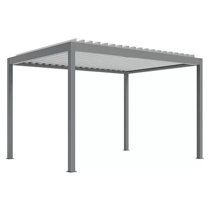 Wismar-NFI Pergola Easy Up - Grau-Weiß, 300 x 499,6 x 257 cm, Aluminium - Graue Metallpergola mit weißer, verstellbarer Lamellendachkonstruktion.