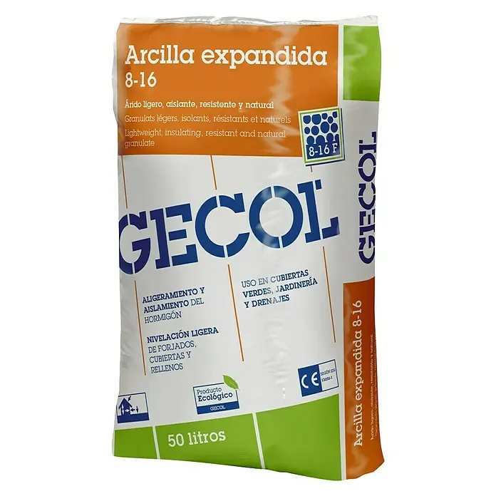 Gecol Granulado de arcilla expandida 8-16 - 50 l - Saco de arcilla expandida 8-16 de GECOL, ligero, aislante, resistente y natural para cubiertas verdes, jardinería y drenaje.