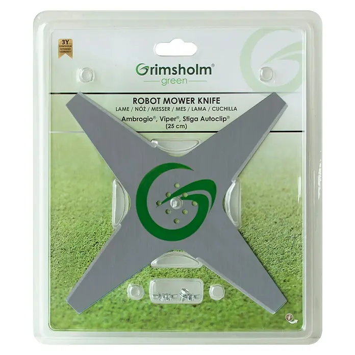 Grimsholm Green Ersatzmesser für Rasenmäher - Diverse Mähroboter-Modelle der Marken Stiga Autoclip, Ambrogio & Wiper, 1 Stk., Länge: 25 cm - Verpackte Grimsholm Robotermähermesser, geeignet für Ambrogio, Viper und Stiga Autoclip, für präzises Rasenmähen.