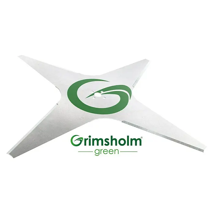 Grimsholm Green Ersatzmesser für Rasenmäher - Diverse Mähroboter-Modelle der Marken Stiga Autoclip, Ambrogio & Wiper, 1 Stk., Länge: 29 cm - Das Bild zeigt ein Grasschneideblatt mit vier Klingen und einem grünen Logo in der Mitte. Das Grasschneideblatt ist silbern und hat eine gezackte Kante.