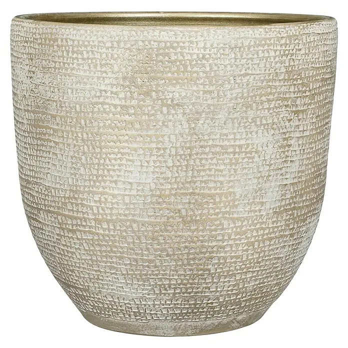 Mica Decorations Cubremaceta redondo Carrie - Dimensiones externas (Ø x Al): 39 x 36 cm, Champan metálico, Materiales naturales - Elegante macetero color marfil con superficie texturizada y borde dorado para exhibiciones de plantas con estilo.