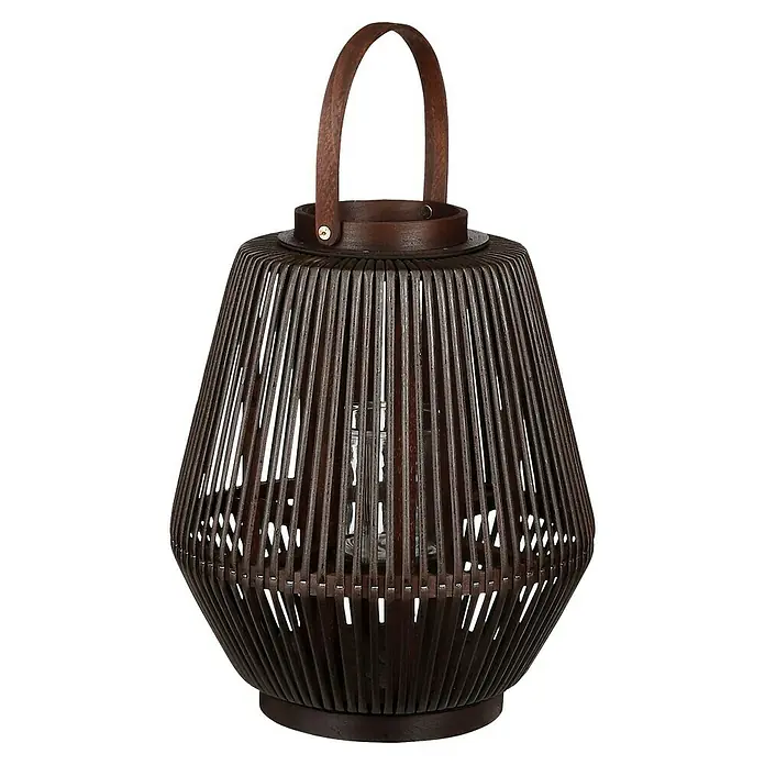 Farolillo Harvard - Ø x Al: 31 x 37 cm, Marrón oscuro - Farol decorativo de madera con asa de cuero marrón, ideal para crear un ambiente acogedor en interiores o exteriores.