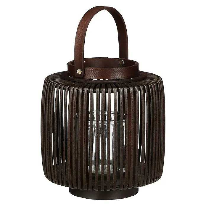 Farolillo Harvard - Ø x Al: 20 x 23 cm, Marrón oscuro - Linterna marrón con listones de madera y asa de cuero. Un elemento decorativo encantador para interiores y exteriores, que difunde una luz acogedora.
