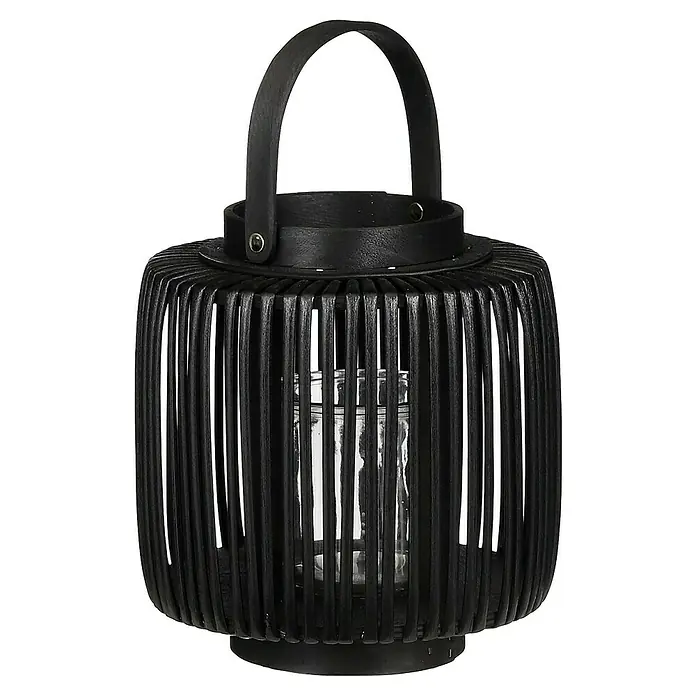 Farolillo Harvard - Ø x Al: 20 x 23 cm, Negro - Farol negro de listones de madera con asa y recipiente de vidrio en el interior para velas o velas de té. Luz atmosférica para el hogar.