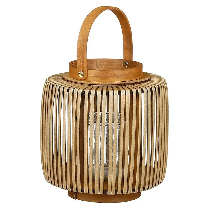 Farolillo Harvard - Ø x Al: 20 x 23 cm, Marrón - Elegante farol de bambú con un inserto de vidrio, perfecto para crear un ambiente acogedor. Un accesorio decorativo para el hogar, ideal para interiores o exteriores.