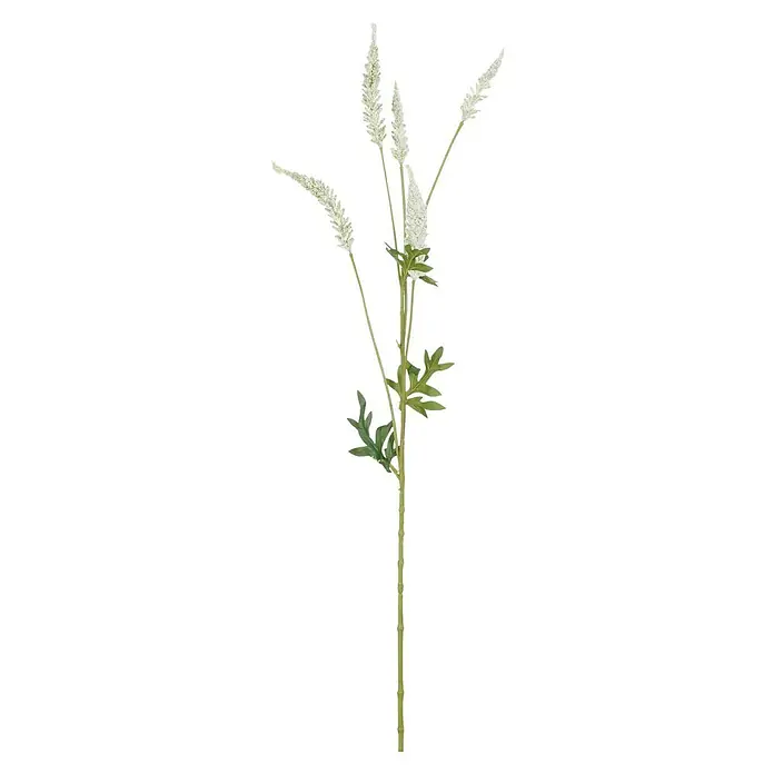 Planta artificial Astilibe - Altura: 81 cm, Crema, Plástico - Un primer plano detallado de una delicada flor artificial blanca con hojas verdes, ideal para decoraciones elegantes.