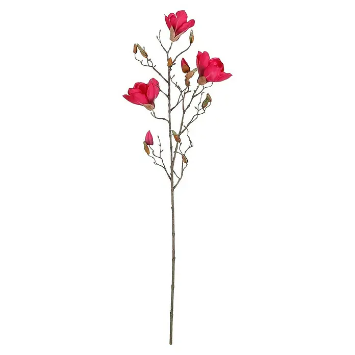Planta artificial Magnolia - Altura: 88 cm, Fucsia, Plástico - Rama de magnolia artificial con flores rosas y capullos en un tallo decorativo detallado.