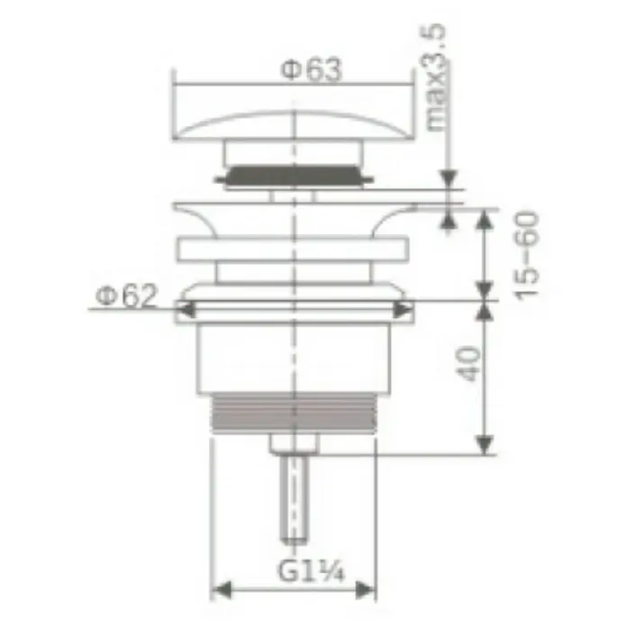 Imex Válvula click clack - 1¼'', Latón, Cromo - Dibujo técnico de un tapón de lavabo con dimensiones de diámetro y altura para una correcta instalación.
