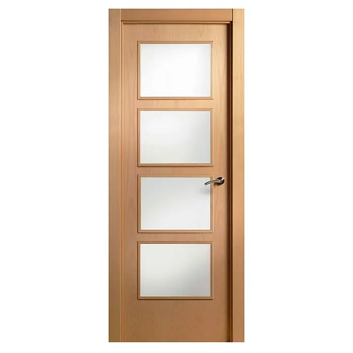 Solid Elements Puerta acristalada KNP - 72,5 x 203 cm, Izquierda, Haya - Una puerta de madera moderna con cuatro inserciones de vidrio cuadradas y un tirador plateado.