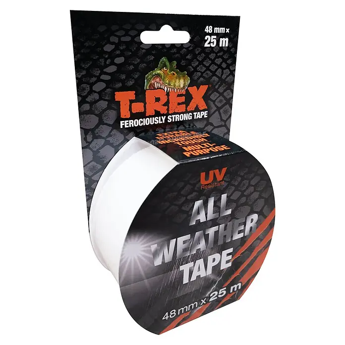 T-Rex Reparaturklebeband All Weather Tape - 25 m x 48 mm - Nahaufnahme einer Rolle T-Rex Allwetterband, UV-beständig und stark, in den Maßen 48 mm x 25 m, ideal für den vielseitigen Einsatz.