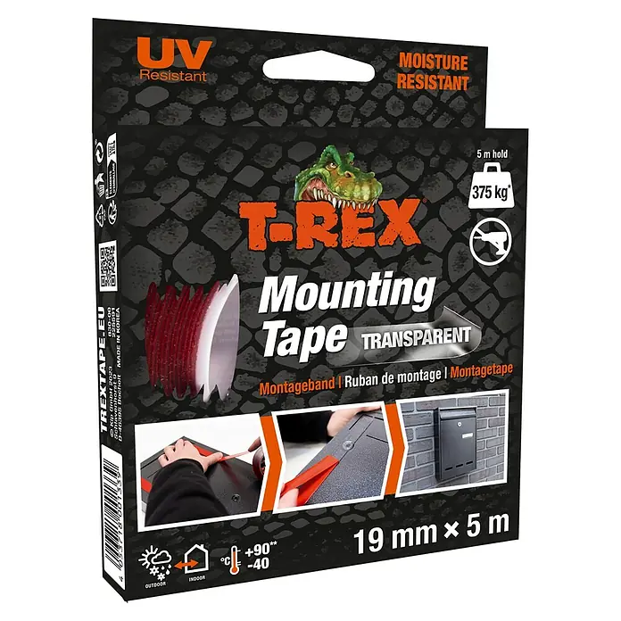 T-Rex Montageklebeband Mounting Tape - Farblos transparent, L x B: 5 m x 19 mm - Bild der T-Rex Montageband Transparent-Verpackung, UV- und feuchtigkeitsbeständig, 19 mm x 5 m.