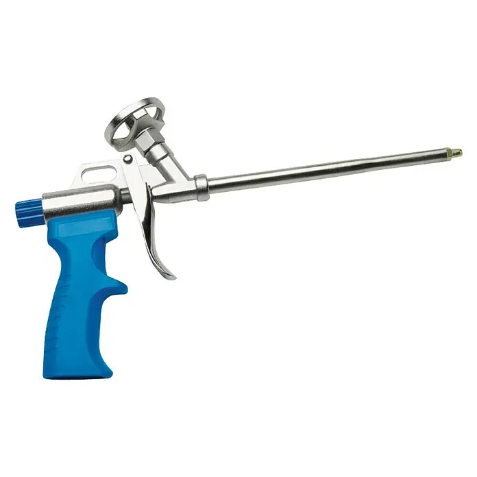 Quilosa Pistola de espuma Profesional - Apto para: Espuma de PU - Imagen de una pistola de espuma con mango azul y cañón plateado. Se utiliza para trabajos de construcción y aislamiento.