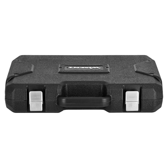 Wisent Werkzeugkoffer L - L x B x H: 49 x 24 x 9 cm, 84 -tlg. - Eine schwarze Werkzeugkiste von Wisent, ideal für die Aufbewahrung von Werkzeugen und Zubehör, mit robusten Verschlüssen und einem Tragegriff.