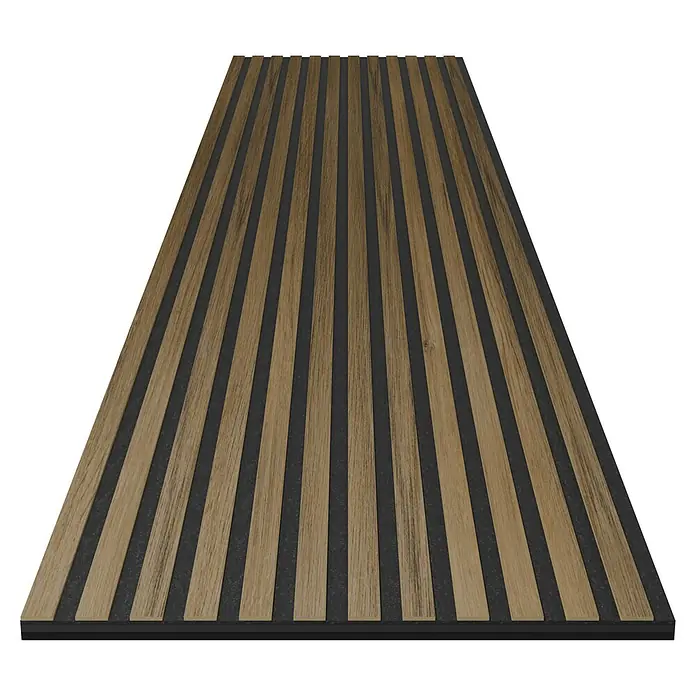 Panel acústico ISOL - Roble, 250 x 48 x 2 cm, 0,576 m², Rústico - Imagen que muestra un panel de pared acústico moderno con listones de madera sobre un fondo oscuro, ideal para el diseño de interiores y la absorción acústica.