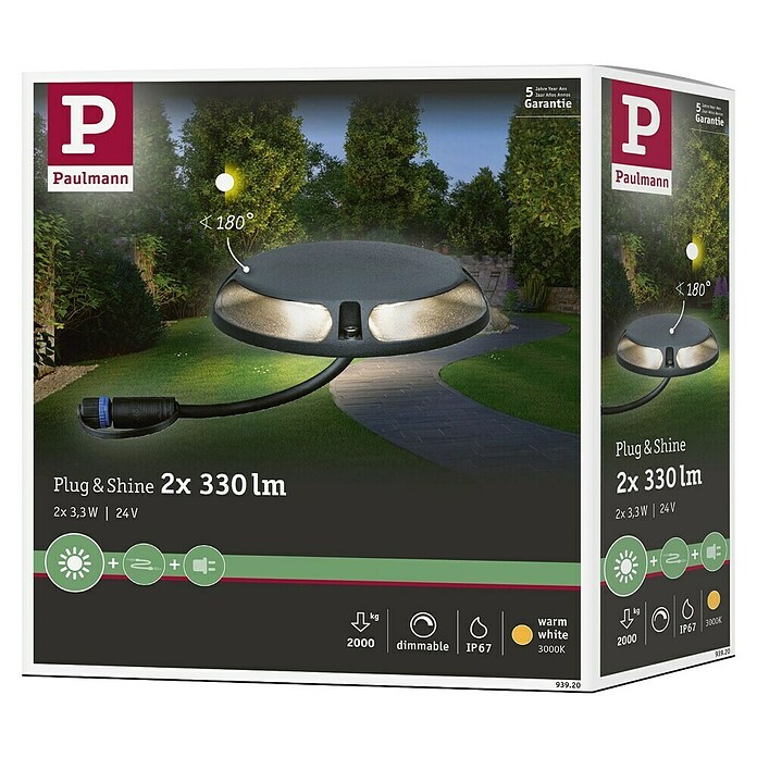 Paulmann Plug & Shine LED-Außenleuchte (6 W, Warmweiß, IP67, Ø x H: 16 x 3,2 cm)