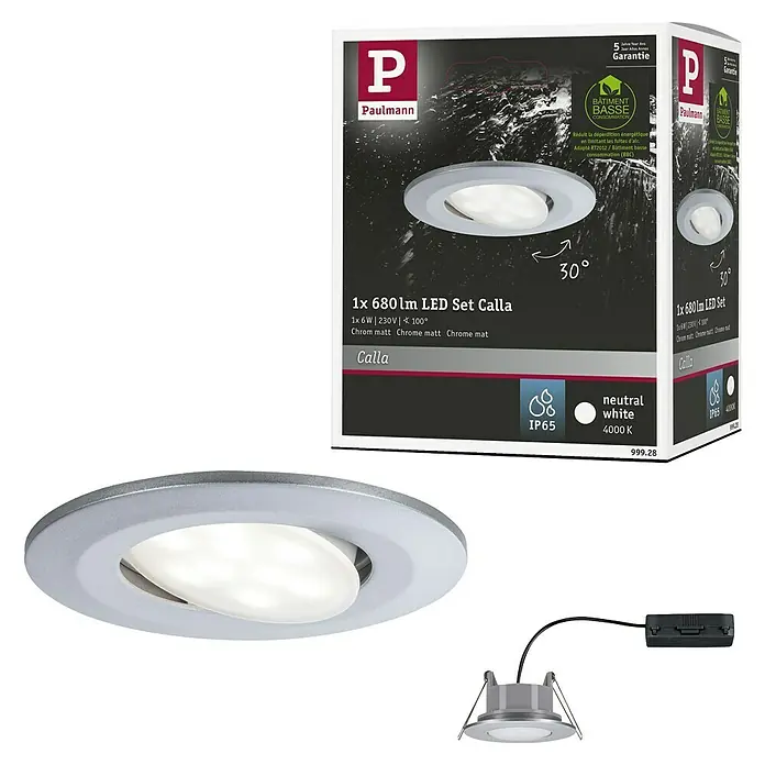 Paulmann Downlight LED empotrable Calla - 6 W, Cromo, IP65 - Imagen del producto: Paulmann 1x 680 lm LED Set Calla, cromo mate. Luz empotrada elegante para toques ambientales en la habitación.