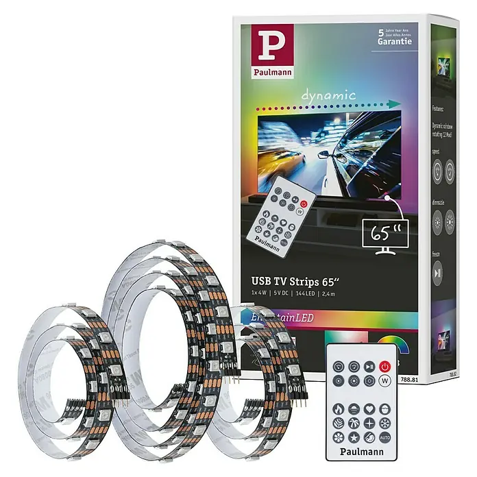 Paulmann Tira LED USB para televisores - Largo: 240 cm, Color de luz: RGB, 4 W - Paulmann USB TV Strips 65": Iluminación LED dinámica para una experiencia de TV impresionante con cambio de color y control remoto.