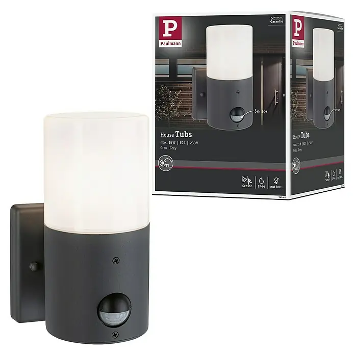 Paulmann Aplique exterior Tubs - 15 W, Gris mate, Detector de movimiento, E27, IP44, Con detector de movimiento - Imagen de una lámpara de exterior Paulmann House Tubs con detector de movimiento, ideal para la zona de entrada. La lámpara es gris y tiene un diseño moderno.